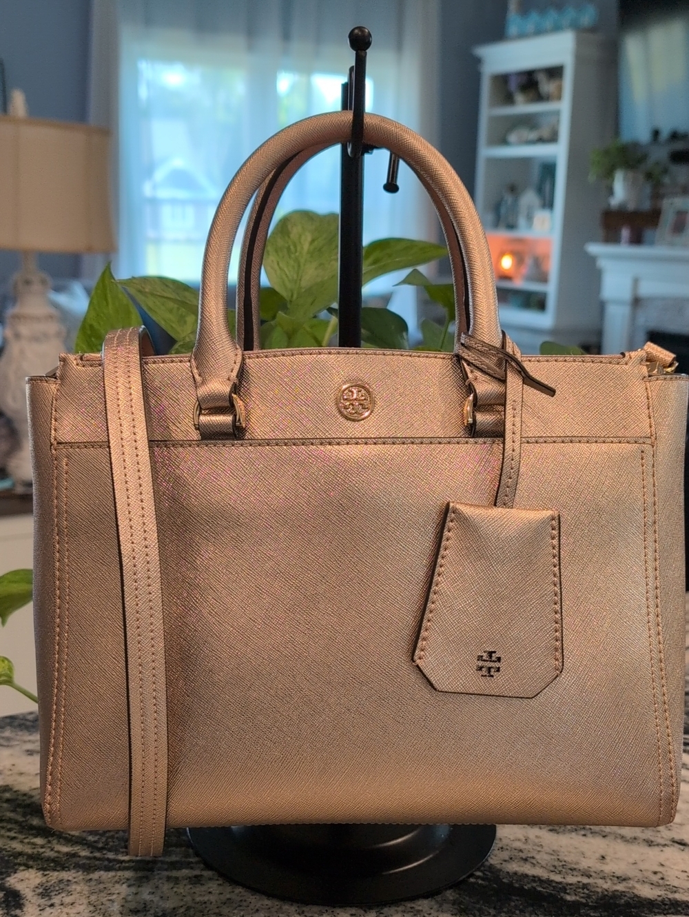 Tory Burch Emerson Robinson Metallic Rose Gold Double Zip Satchel Bag w/COA